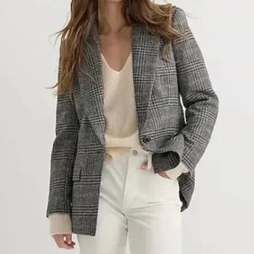 J Crew Willa Houndstooth Plaid 100% Wool Blazer Sports Coat Women's 4 Gray